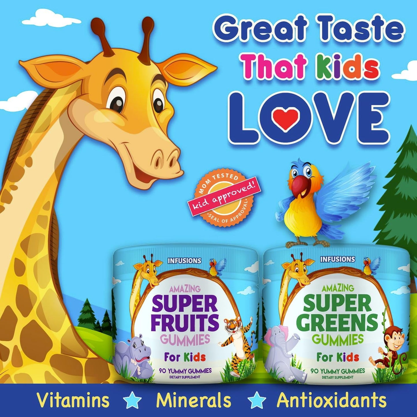 Super Fruit and Super Green Gummies for Kids 180 Count Superfood Blend Soft and Delicious Vegan friendly Gluten Free Non-GMO