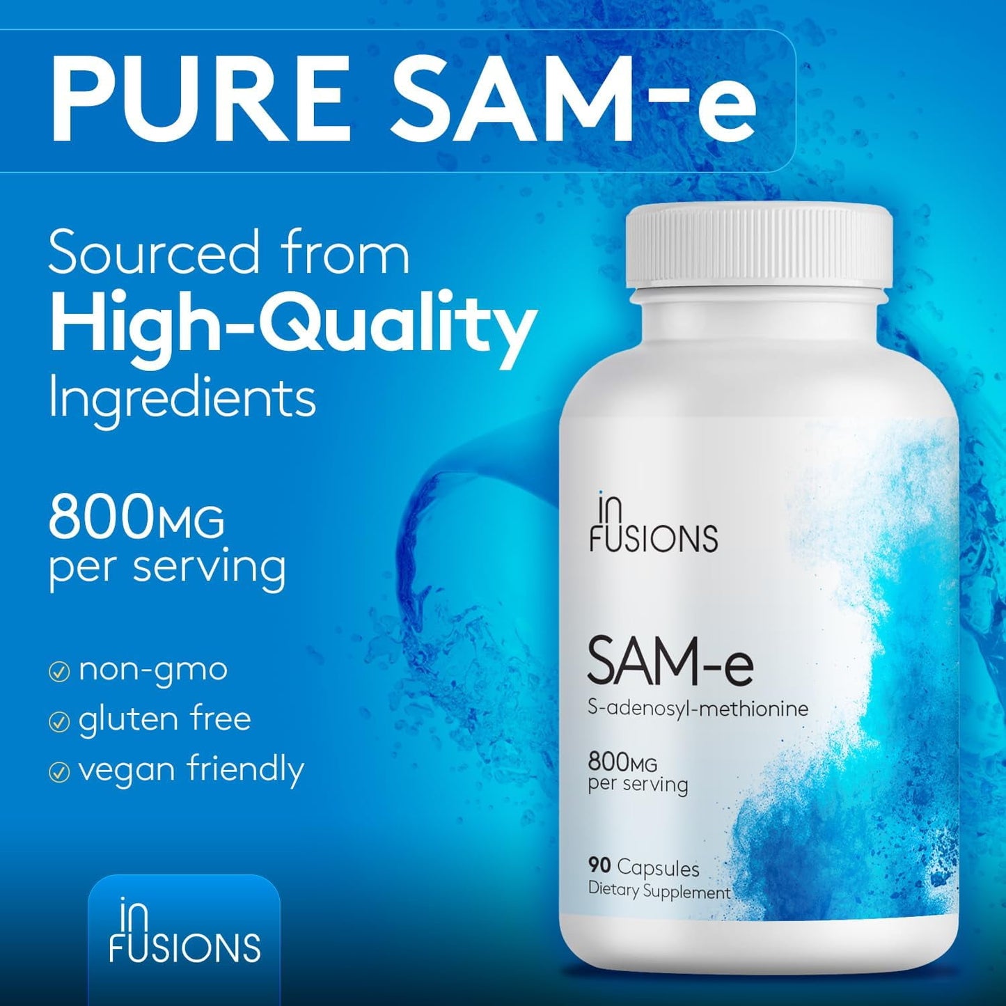 Pure SAM-e 800mg 90 Vegetable Capsules (S-Adensoyl-Methionine) Extra Strength Gluten Free Non-GMO