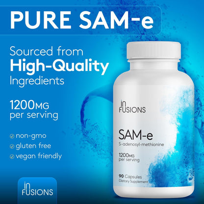 Maximum Strength Pure SAM-e 1200mg 90 Vegetable Capsules (S-Adensoyl-Methionine) Gluten Free Non-GMO