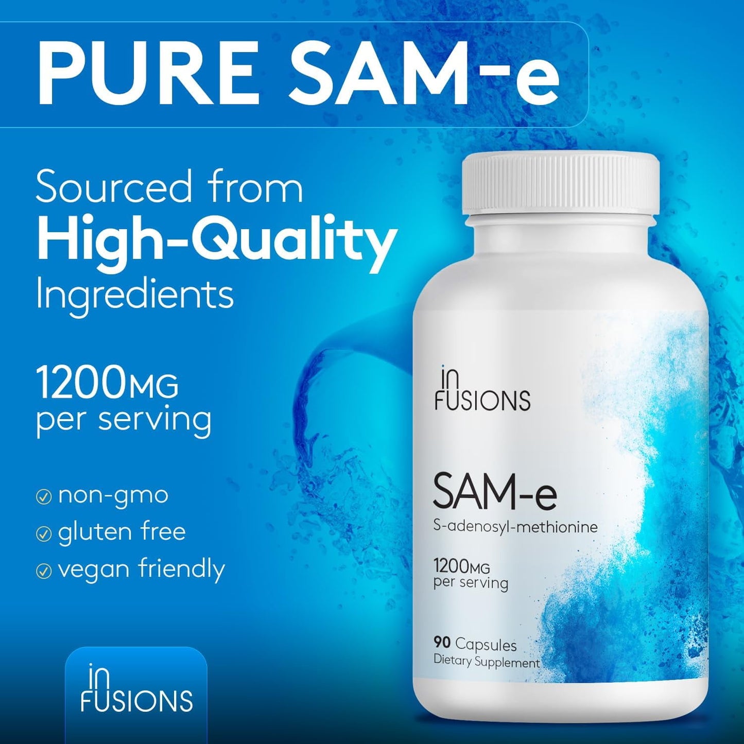 Maximum Strength Pure SAM-e 1200mg 180 Vegetable Capsules (S-Adensoyl-Methionine) Gluten Free Non-GMO - 2 Pack