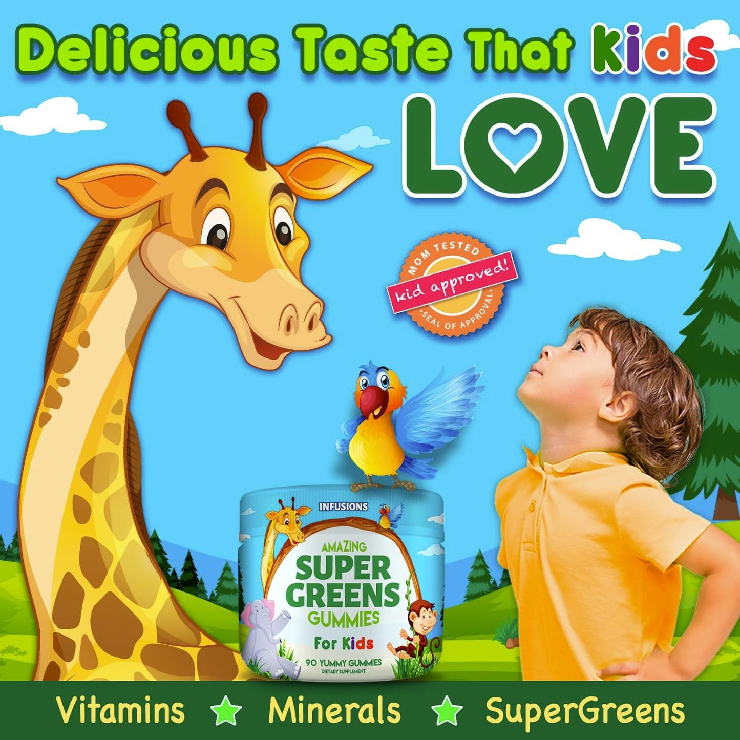 Super Green Gummies for Kids 90 Count Superfood Booster Soft and Delicious 8 Powerful Blends Vegan Friendly Gluten Free Non-GMO